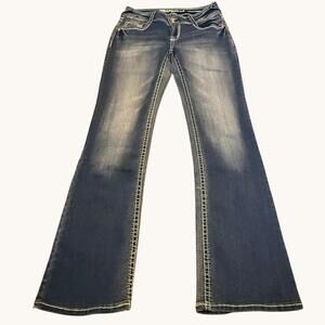 WallFlower Y2K Flare Jeans Size 7 Dark Wash Stretch Denim Bow Pocket Retro